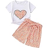 Togrielan Girls 2 Piece Summer Outfits Toddler Casual Clothes with Heart Floral Print T-Shirt + Bow Floral Shorts