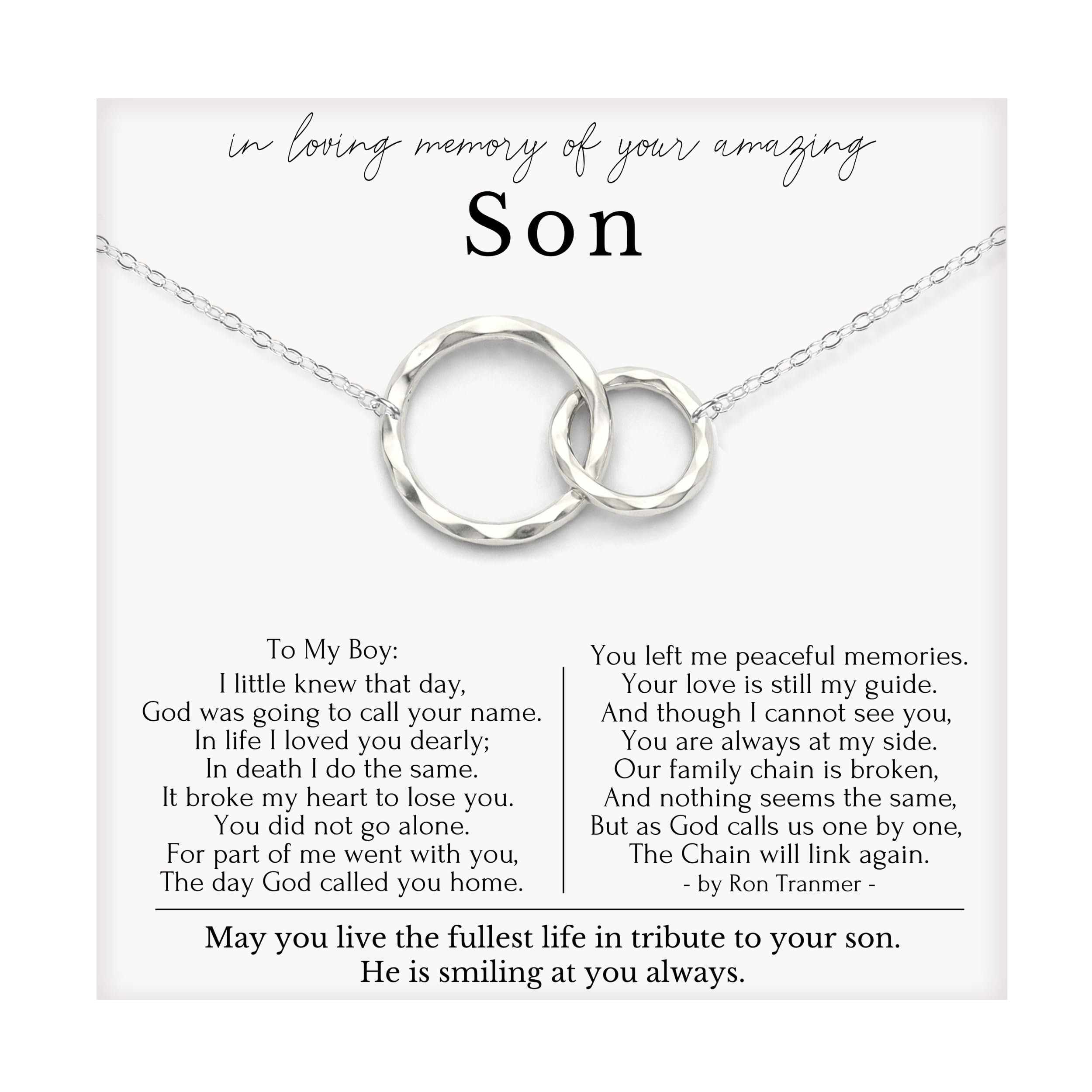 HOPE LOVE SHINE Loss of Son Memorial Necklace, Broken Chain Poems, Eternity Circles 14K Gold Filled (SILVER) for Mothers who have lost their sons