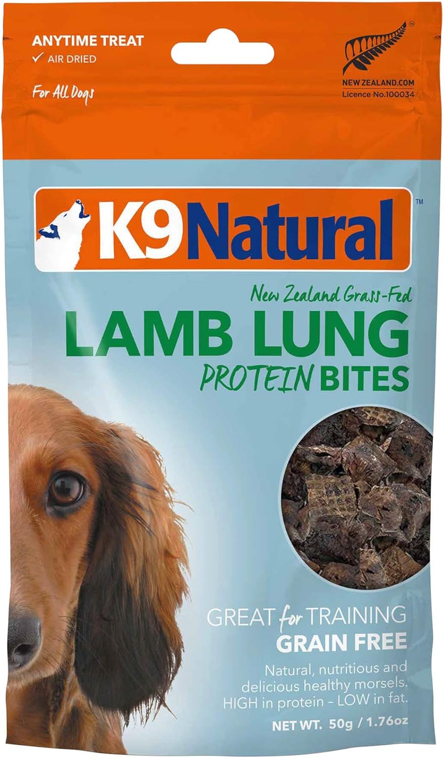 K9 Natural Grain-Free Air Dried Dog Treat Protein Bites, Lamb Lung 1.76oz