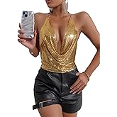 Gold Body Chain for Women Sexy Metallic Sequins Halter Crop Tank Top Cami V Neck Backless Vest Shirt Clubwear Rave Outfit