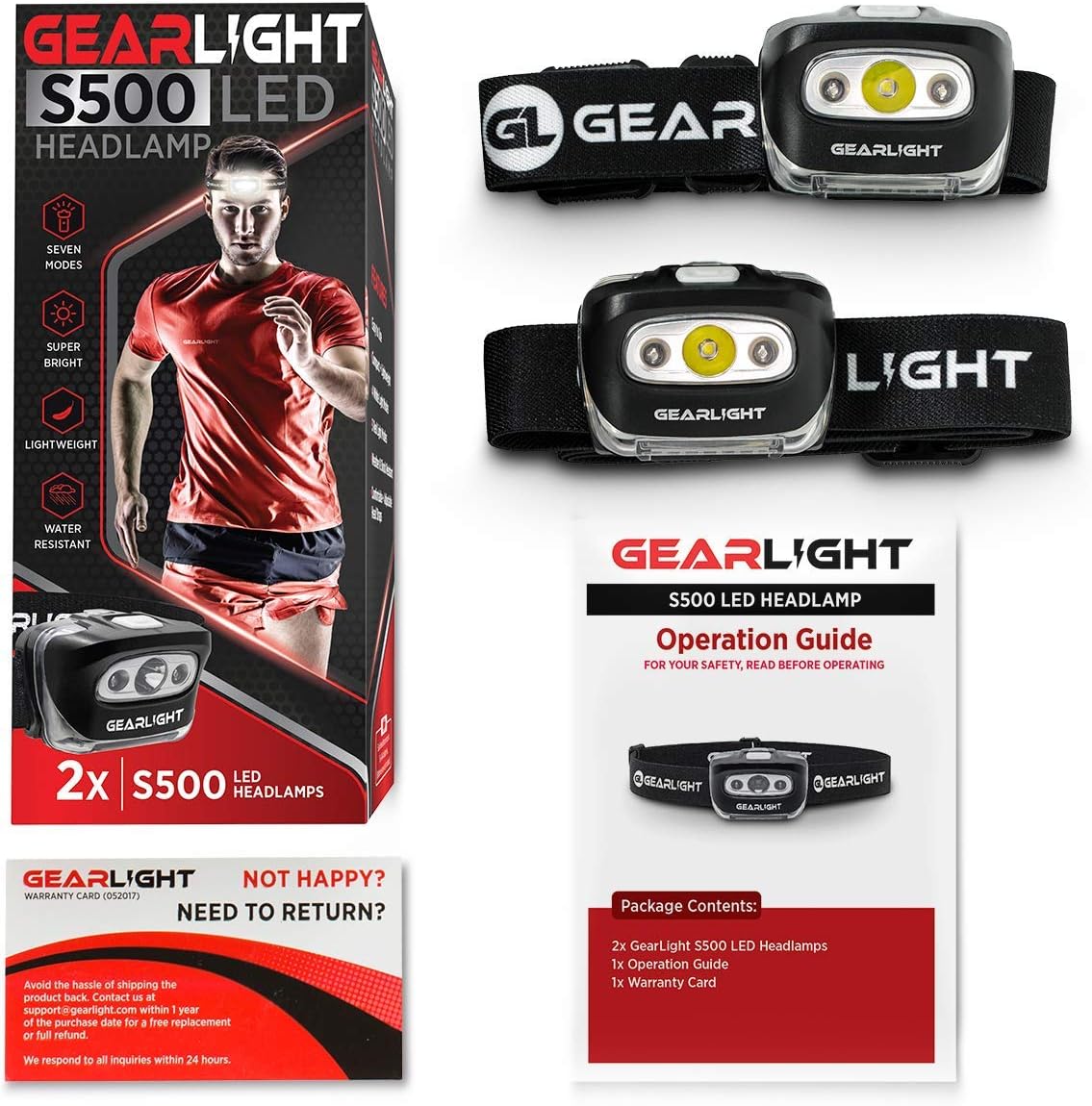 GearLight S1000 LED Tactical Flashlight with Holster [2 Pack] + GearLight S500 LED Headlamp [2 Pack] Bundle - - 
