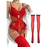 Lilosy Sexy Stocking Lace Mesh Bodysuit Top Underwire Garter Lingerie Set 3 Piece