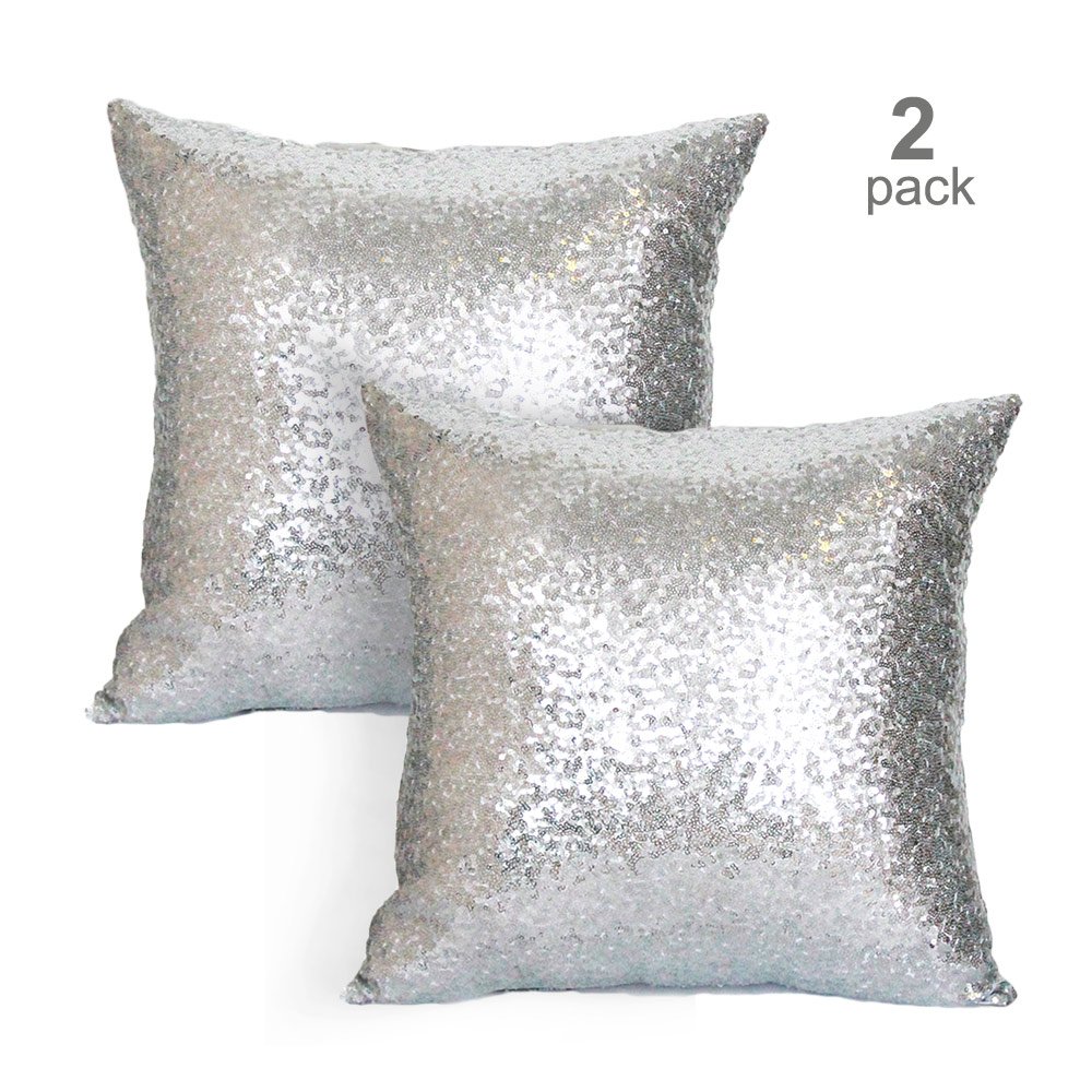 AMAZLINEN Sequin Pillow Cover- Decorative Cushion Covers- 18x18 Inches- Hidden Zipper- Back Side Mistique Satin Fabric- For Home, Party, Wedding & Formal Events- Comes Out In Multiple Colors (silver)