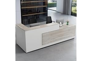 HUARIIFOWM Modern L-Shaped Reception Desk with Hutch, Reception Counter Table, Lockable Drawer Door Cabinet, Office Wooden Computer Front Desk (Oak+Warm White-Left Cabinet, 78.74" L*23.62" W*41.34" H)
