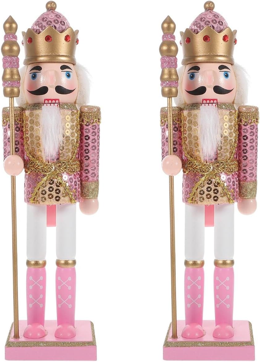 Nutcrackers - Garneck Pink Nutcracker- Pair of Christmas Nutcracker Ornament, Gorgeous Nutcracker with Cane and Crown, Glitter Nutcracker Figures Statue (11.79 INCH)