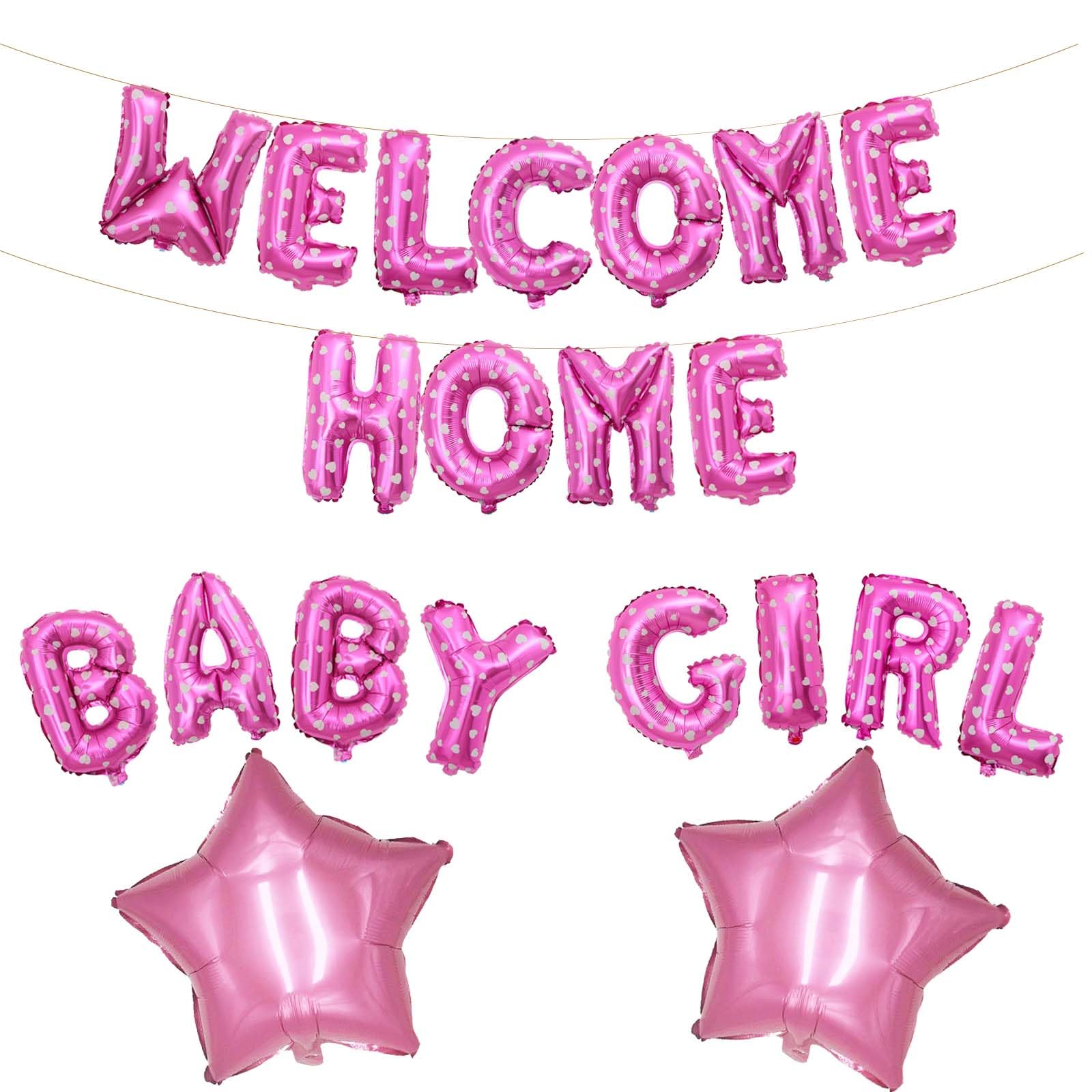 Fechy Welcome Home Baby Girl Letter Balloon Banner with Star Foil Balloons for Newborn Baby Girl Baby Shower Home Family Party Decorations(Pink Heart)