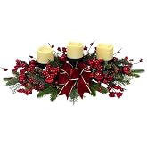 Svndlyn Christmas Candle Holder Centerpiece with 3 Pillar Candle Platforms | Red Bow, Red Berries, Pinecones, Ornaments and Evergreen Greenery for Dining Table, Mantel or Fireplace