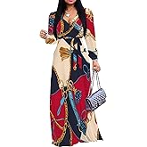 PinkPatty Women's Long Sleeves V Neck Maxi Dresses Flowy Party Wedding Guest Dress with Belted