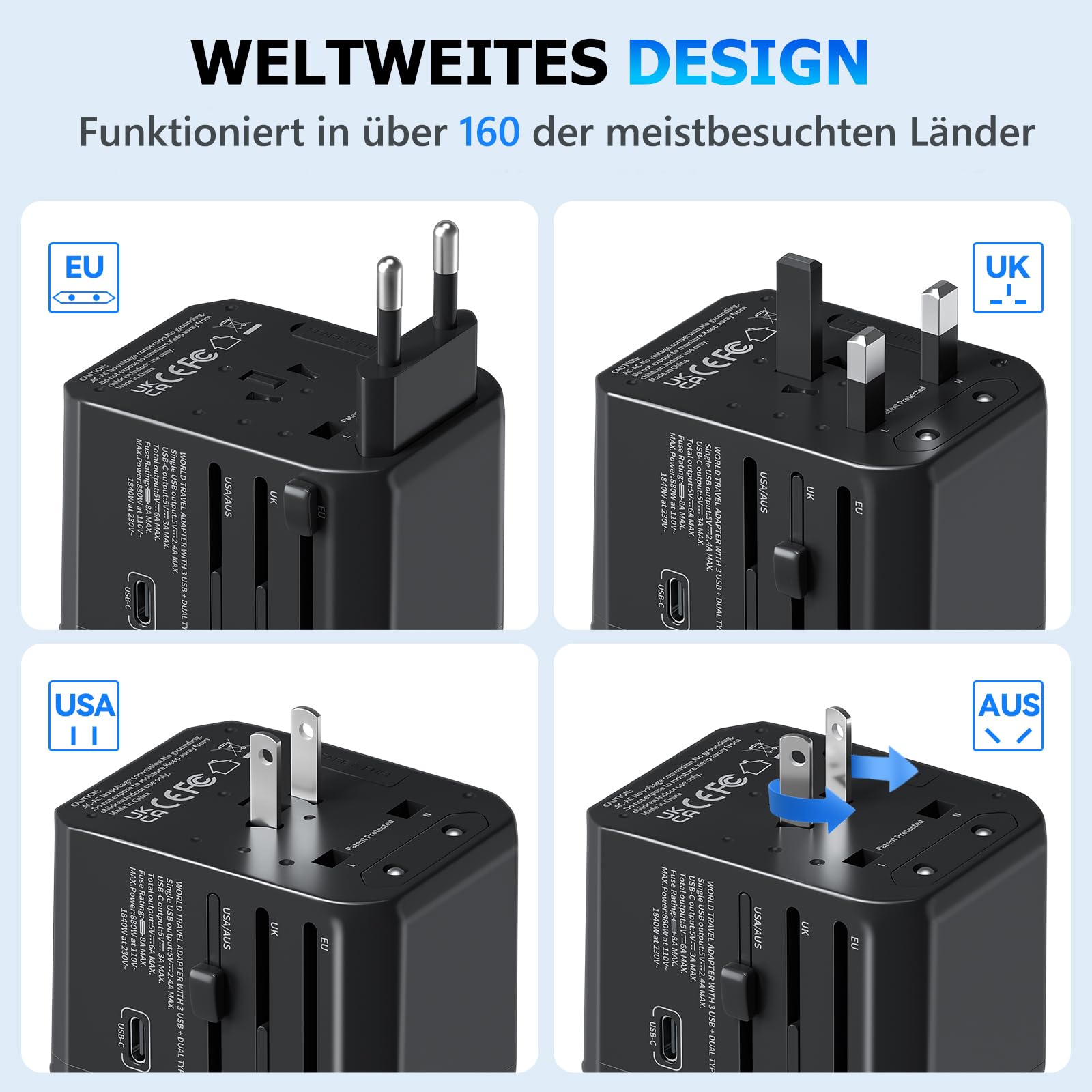 Reiseadapter Weltweit, Unidapt Universal Reisestecker mit 3USB C 2USB und 1AC Steckdose, Internationaler Steckdosenadapter, Universaladapter für Deutschland USA England Thailand Italien Australien 2