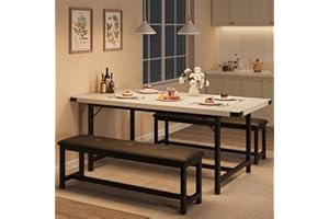 IDEALHOUSE 3 Piece Dining Table Set for 4-6, 63" Extendable Thick Metal Frame Kitchen Table with 2 Upholstered Benches Set for 6, Rectangle Wooden Dinette Table Set for Dining, Apartment, Marble White
