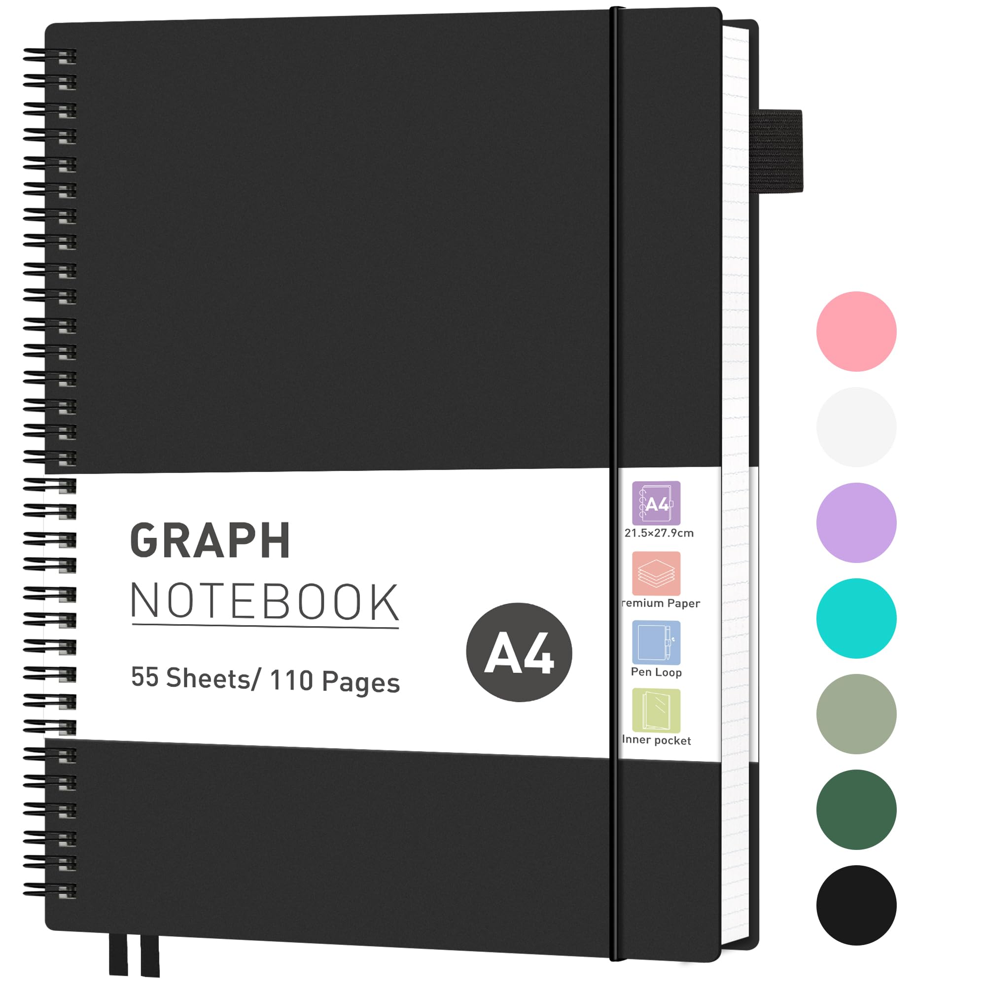 RETTACY Graph Grid Paper Notebook, 110 Pages, A4 Size (21.5 x 28 cm), 5mm per Square, 100 GSM Thick Paper, Flexible Plastic Cover, Spiral-bound, for School, Students, Math, Engineering (Black)