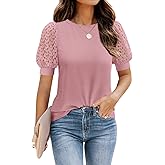 DOROSE Women's Puff Sleeve Tops Lace Casual Loose Summer Blouses T Shirt