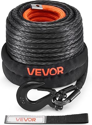 Cabo de guincho de 9,5 mm x 30,5 m, cabo sintético de 117,9 kN com resistência à ruptura com bainha protetora, gancho de guincho forjado, correia de tração para SUV, veículos polivalentes