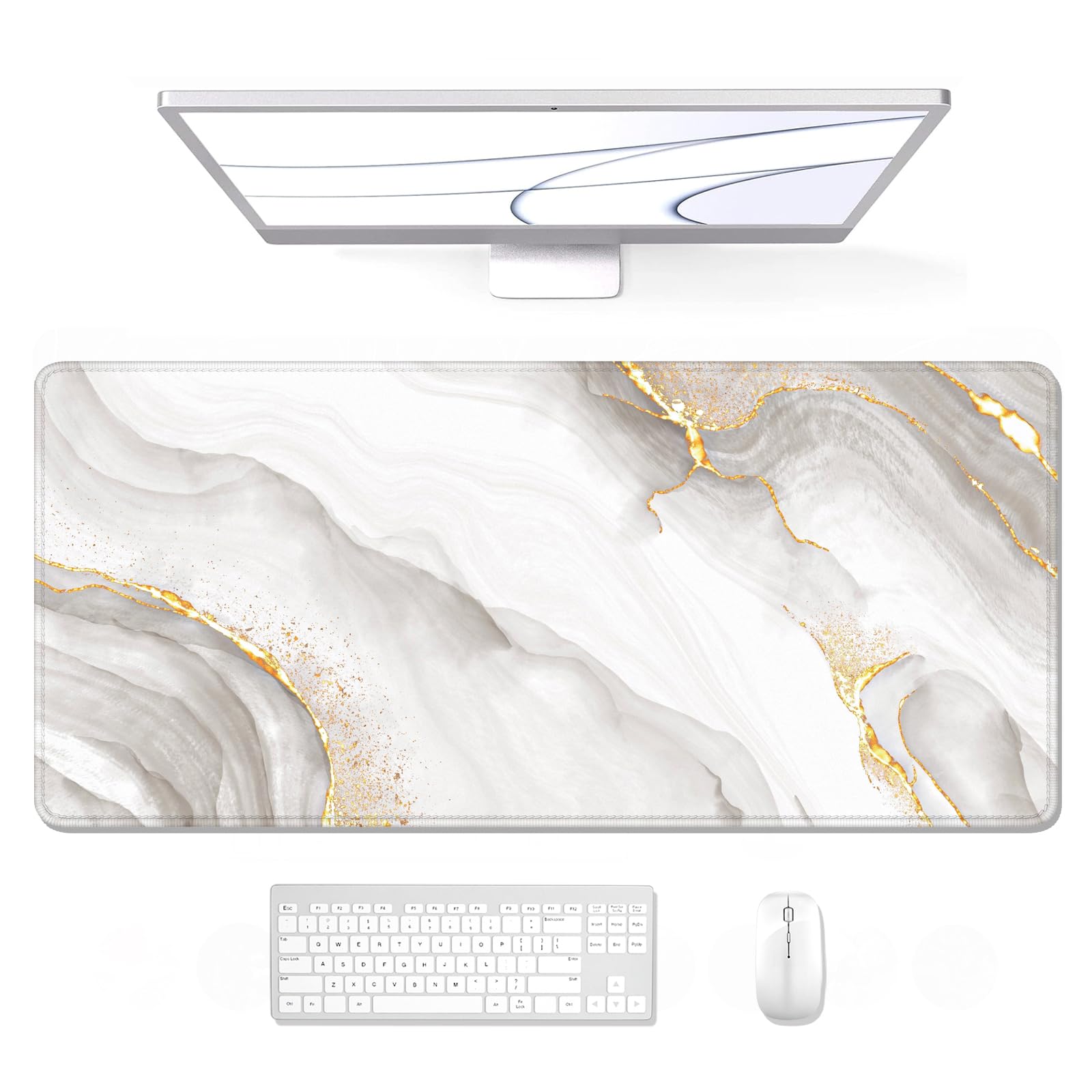 Photo 1 of Auhoahsil Large Mouse Pad, XXL Gaming Mousepad, Desk Mat for Desktop, Thick Rubber, Big & Long Size, Stitched Edges, Full Desk Pad for Laptop & Computer, Extended 35.4 x 15.7 in, Gold Gray Marble