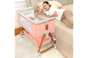 KINIEW Baby Bassinet Sleeper, 6 Height Adjustable Baby Crib for Baby, Easy to Fold Portable Crib Side Bassinet, Rocking Bassinets Bedside Sleeper with Breathable Mesh and Wheels (Pink)