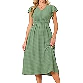 Seta T Women's Summer Dresses 2026 Ruffle Short Sleeve V Neck Button Flowy A-Line Midi Dress with Pockets