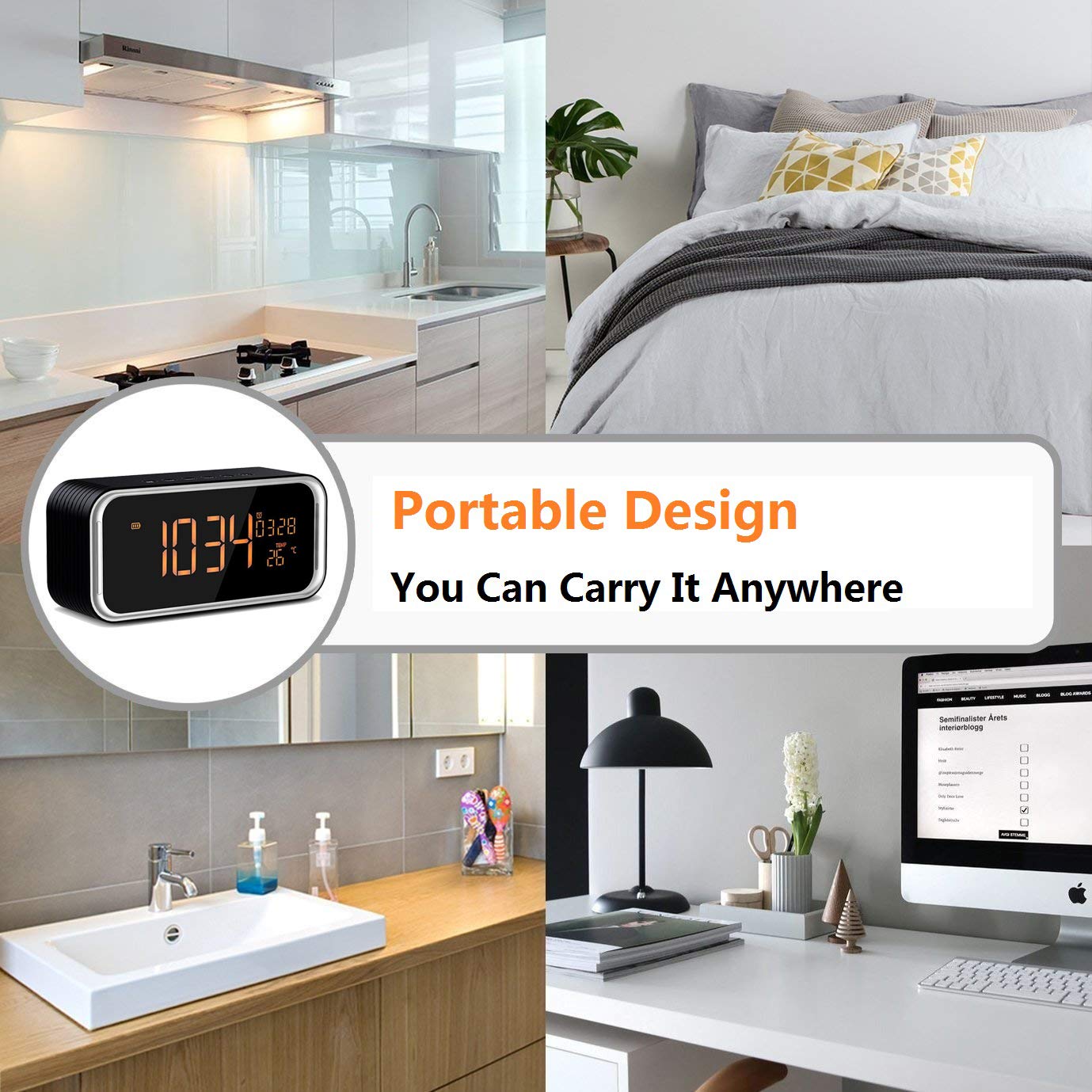 Portable Bluetooth Speaker, XPLUS 4.2 Wireless Bluetooth Speakers with LED Display, Hands-Free Phone Calling, FM Radio,Time,Date,Temperature,Snooze Function Double Alarm Clock (Black)