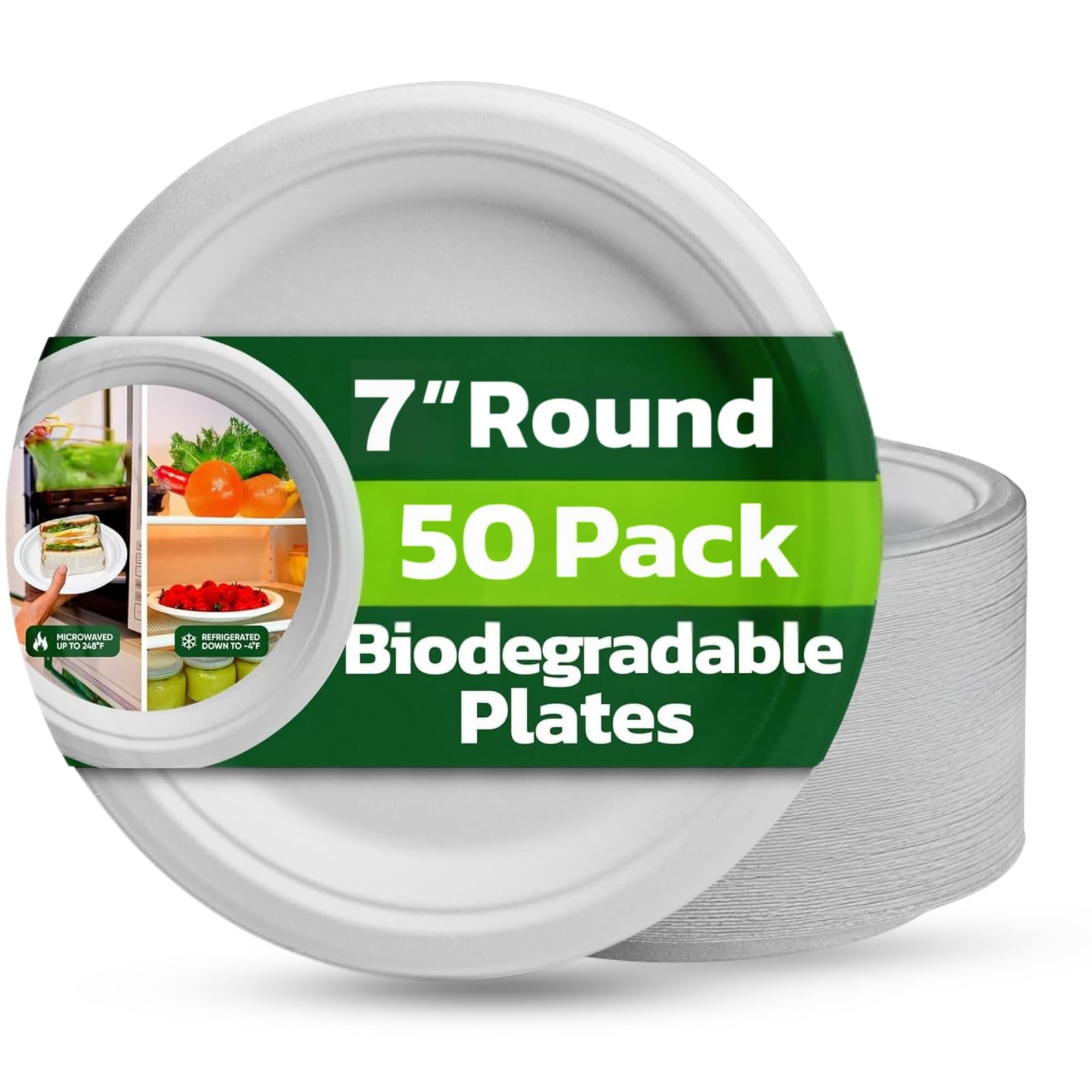 Paper Plates 7 Inch [50 Count] – 100% Compostable Bagasse Plates | Heavy Duty White Sugarcane Plate, Eco-Friendly, Biodegradable, Plastic-Free Disposable Plate for Parties, Catering & Events