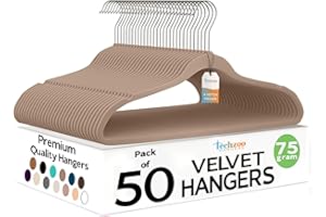 Techzoo 50 Pack New Premium Quality Velvet Hangers Ultra Thin Non Slip Adult Felt Space Saving Hangers for Closet Heavy Duty Coat Pants Dress Hangers 360° Swivel Hook Hold Upto 10 lbs Warm Taupe