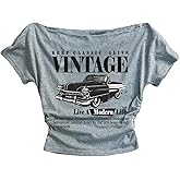 RoseSeek Women's Off The Shoulder Y2K Letter Graphic Tops Short Sleeve Tees Fitted Retro Vintage Summer T Shirts