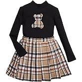 Floerns Girls 2 Piece Outfit High Neck Tee Shirt with Plaid Mini Skirt Set Black Bear 11-12Y