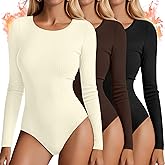 Huukeay 3 Pack Women's Thermal Long Sleeve Bodysuits Fleece Lined Ribbed Knit Crew Neck Tops Winter Leotard Jumpsuit Shirt