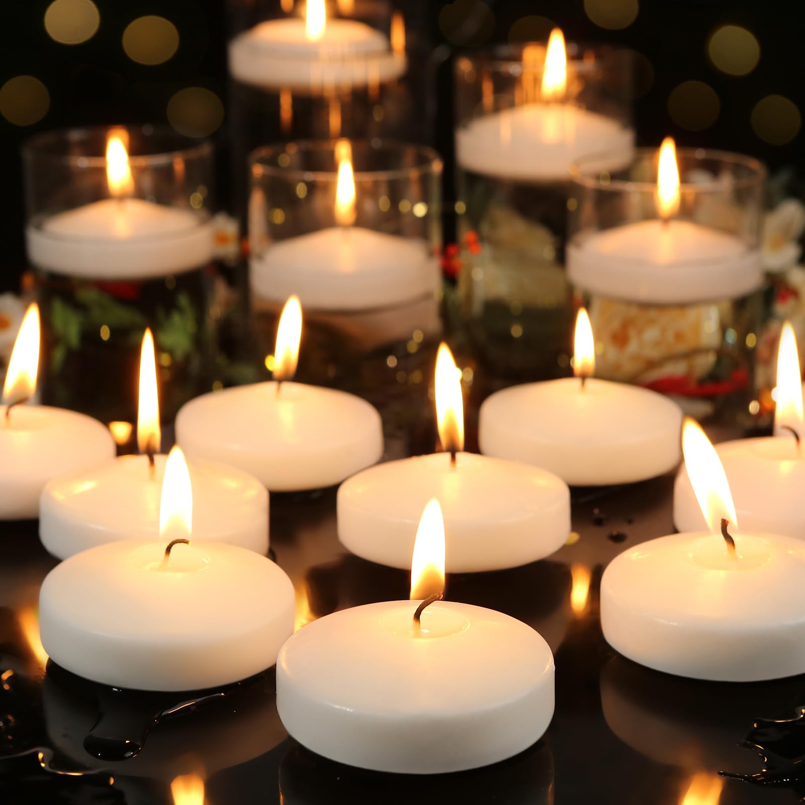 Photo 1 of *** SOME MELTED***  3 inch White Floating Candles, 60 Pack Unscented 3” Floating Candles for Centerpieces,8-9 Hours Water Activated Candle Bulk for Cylinder Vases Wedding Pool