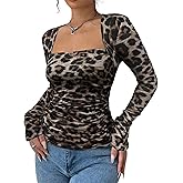 QIANZHIDU Women's Leopard Square Neck Long Sleeve Blouse Shirt Top