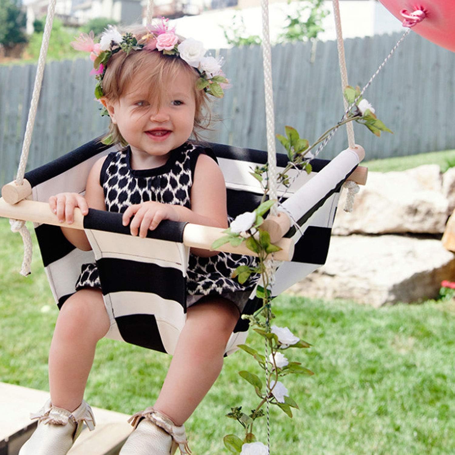 Svava Wooden Baby and Toddler Tree Swing Home or Garden Type Children Swing (Black-White)