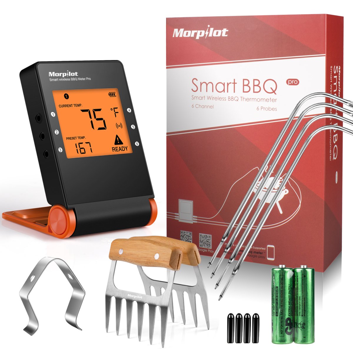Morpilot Bluetooth Meat Thermometers, Wireless BBQ Thermometer for Smoker, Grill Bluetooth Thermometer Smart Remote Digital Cooking Food with 4 Probes for Grilling Oven Griddle Kitchen