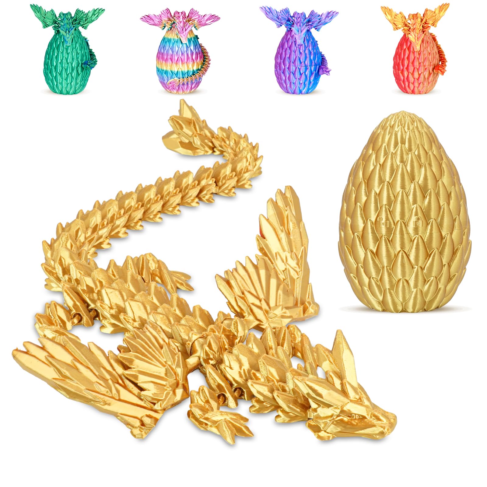 Winged Dragon Inside Surprise Egg Fun Collectible Toy Gift for Kids and Adults, 3D Printed Fantasy Dragon Ideal for Christmas Easter Birthdays and Holiday Decorations (Gold, Medium)