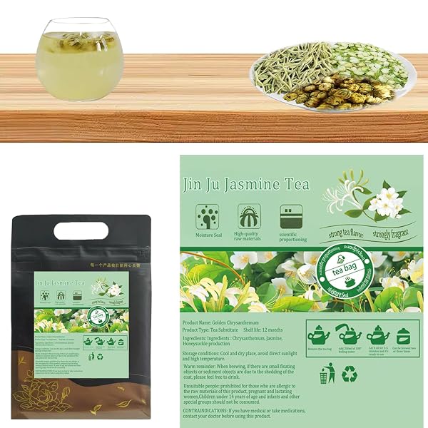 CHRYSANTHEMUM AND JASMINE TEA, 25 TEABAGS – NATURAL PURE NATURAL CHRYSANTHEMUM, JASMINE, AND HONEYSUCKLE TEA – NON-GMO – CAFFEINE-FREE – SUPPORT DIGESTION & BOOST IMMUNE SYSTEM. (1 PACK/25 BAGS, JIN JU JASMINE TEA)