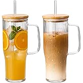 SIPBYSOP 32 oz Ribbed Glass Tumbler with Handle, 2 Pack Glass Cups with Lids and Straws, Iced Coffee Cup,Borosilicate, with Bamboo Lid and 4 Straws