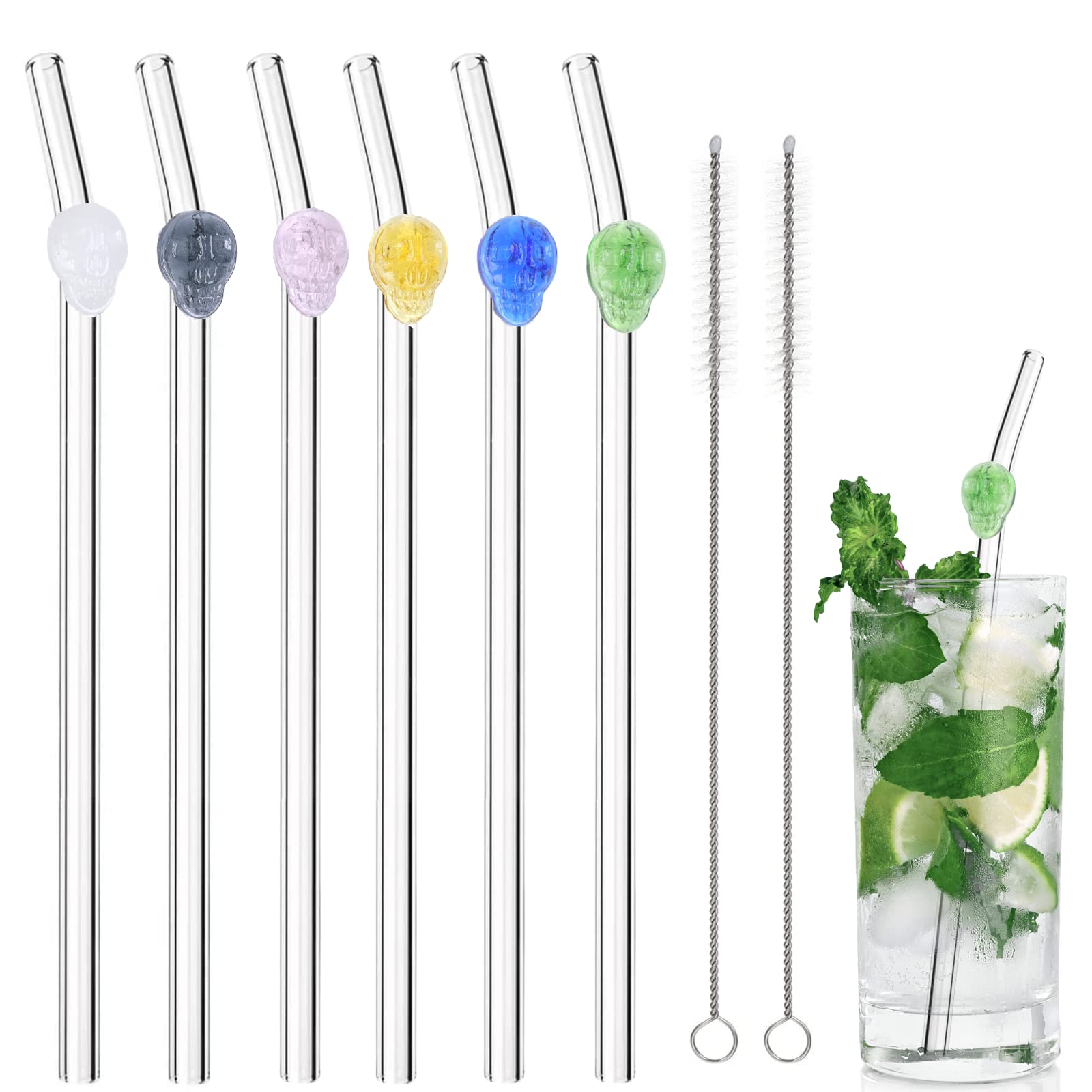 PTaizjjz 6 PCS Reusable Glass Straws,Skull on Clear Straws with Design 8mm Shatter Resistant Bent Drinking Straws with 2 Cleaning Brushes for Smoothies, Beverages, Shakes, Juices