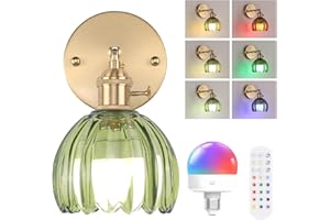 Shenmoyl Vintage Battery Operated Wall Sconce with Cute Green Tulip Glass Lampshade Wireless Rechargeable Battery Powered Wall Light with Remote Control for Bedside Bedroom Doorway