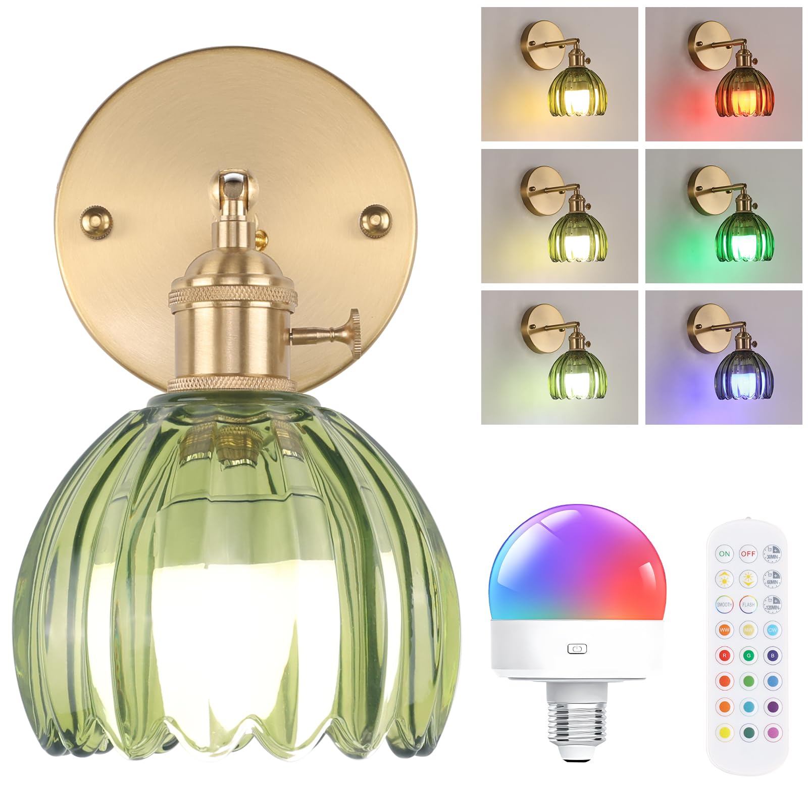 Shenmoyl Vintage Battery Operated Wall Sconce with Cute Green Tulip Glass Lampshade Wireless Rechargeable Battery Powered Wall Light with Remote Control for Bedside Bedroom Doorway Image