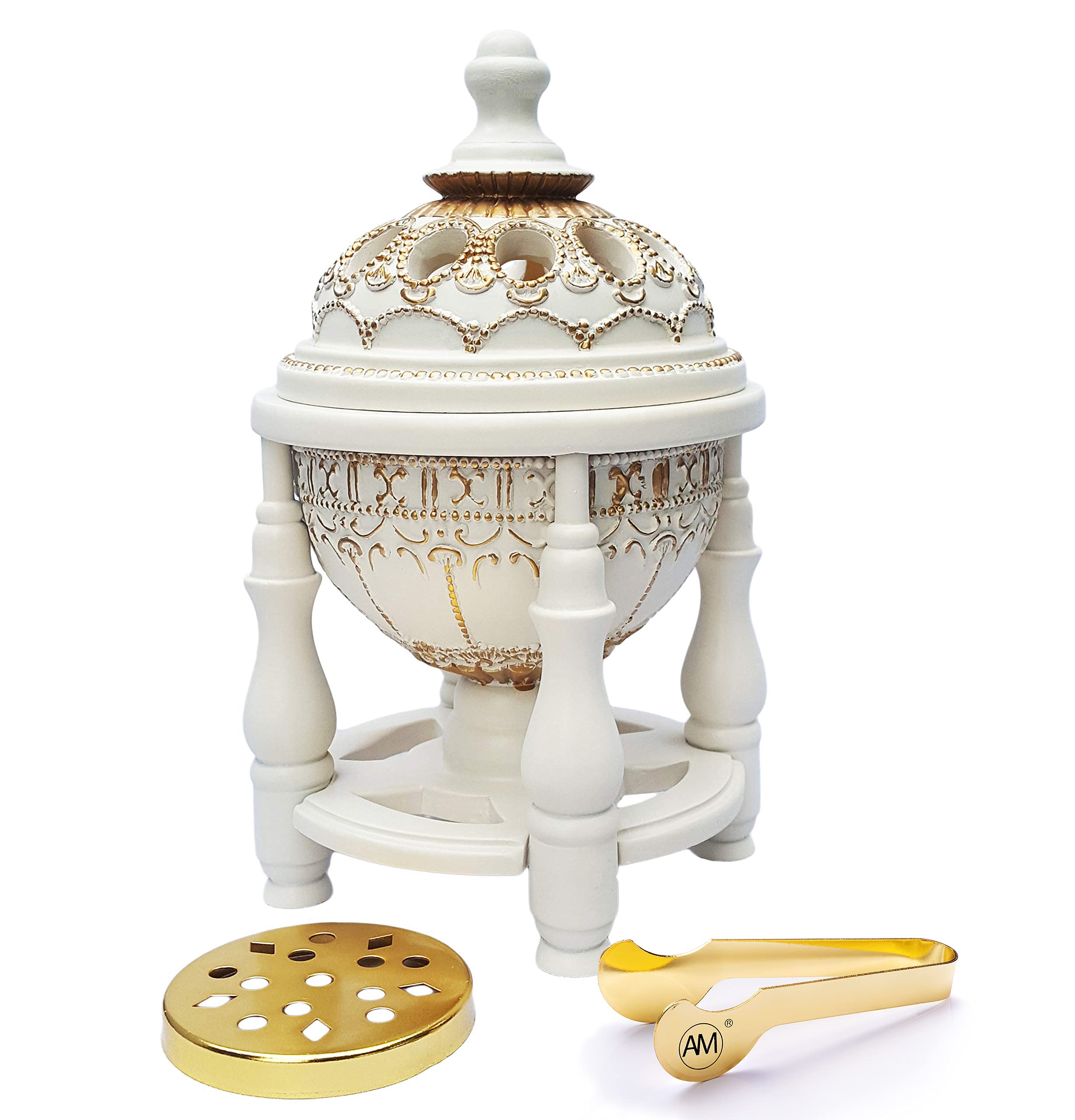 AM 4P Luxury Bakhoor Burner – White & Gold Incense Holder for Frankincense – Spiritual Gift for Eid, Diwali & Christmas – Elegant Home Decor