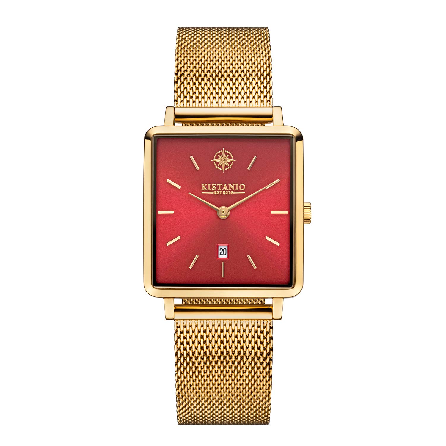 Kistanio Carré Flat Women's Watch with Mesh Strap Sapphire Glass Rectangular Stainless Steel Date Various Variations, Gold / red, Bracelet