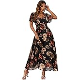 Simplee Women's Boho Floral Maxi Dress Flowy Casual V Neck Short Sleeve Wedding Guest Holiday Beach Long Dress