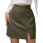 Ezcosplay Women Faux Suede Mini Skirt with Slit High Waisted Button Front A-Line Bodycon Short Skirts