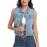 J.Corrine Women’s Denim Vest Sleeveless Classic Cropped Distressed Spread Collar Button Jean Vest Jackets With Pockets