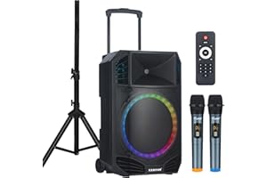 EXOTON S-1501 15“ Portable Wireless PA Speaker System, 1600W Bluetooth Speaker with Remote Control, 2 UHF Mics, USB/SD, FM Radio, Aux, Rechargeable Battery, LED Display, for Indoor&Outdoor (S-1501)