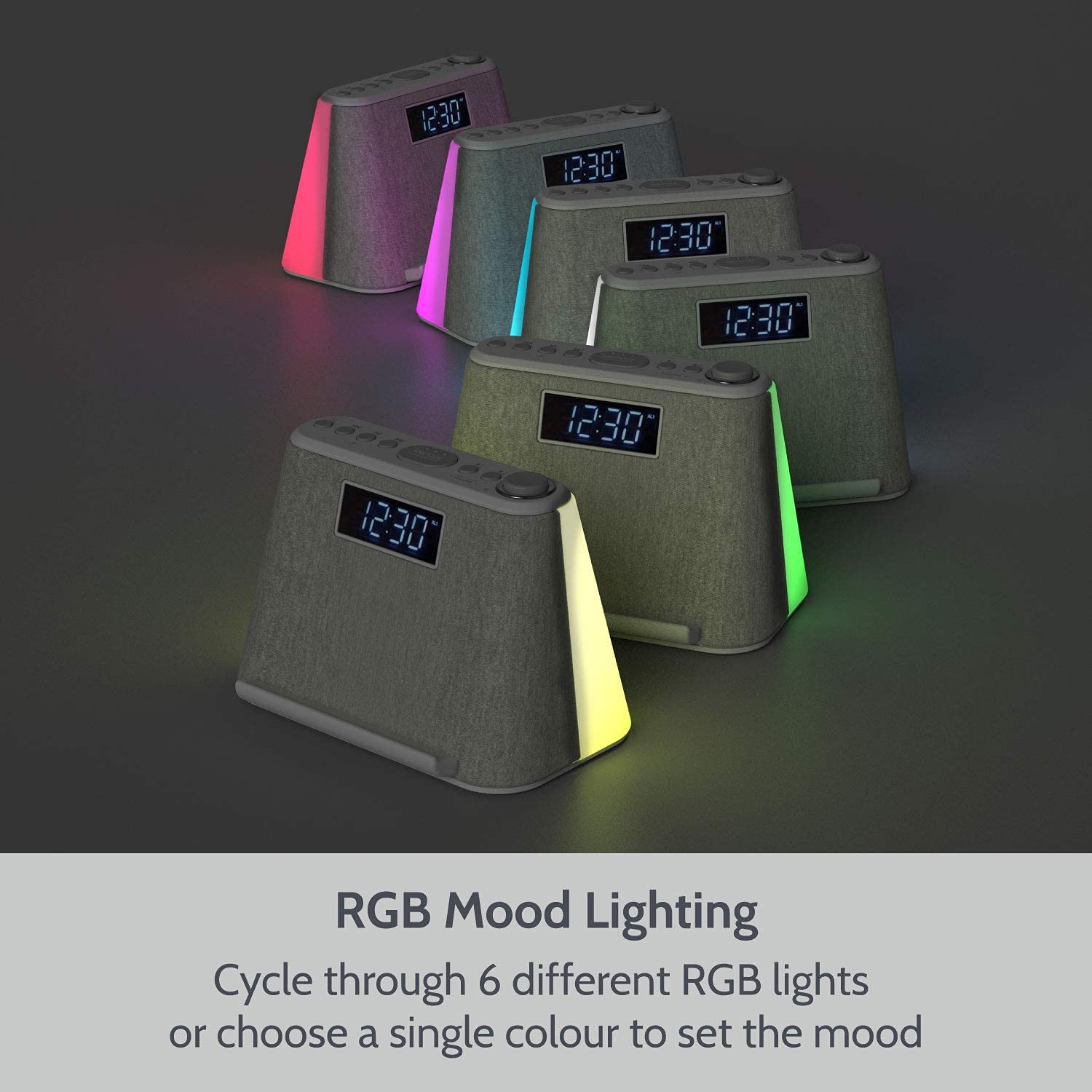 i-box Digital Alarm Clock Radio, Bedside LCD Alarm Clock with USB Charger & Wireless QI Charging, Bluetooth Speaker, FM Radio, RGB Mood LED Night Light Lamp, Dimmable Display and White Noise Machine
