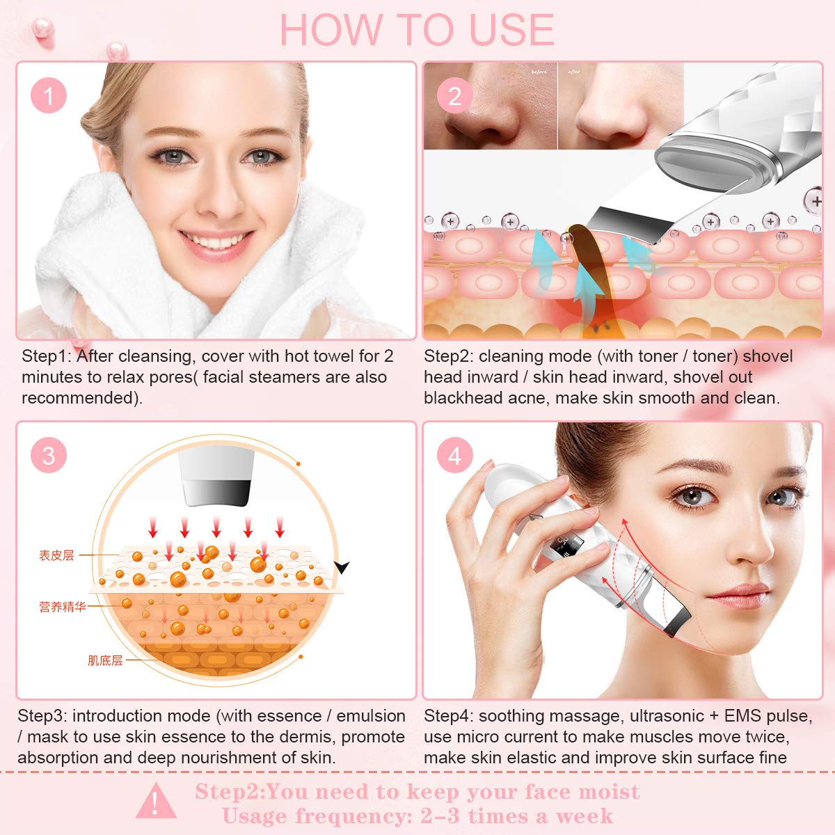 Skin Scrubber, JOMARTO Electric Ultrasonic Facial Spatula, Portable USB Rechargeable LED screen Face Skin Spatula with 4 Modes, Blackhead Remover Pore Cleaner, Moisturizing Lifting: Beauty