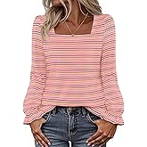 MEROKEETY Women's Fall Square Neck Striped Shirt Puff Long Sleeve Casual Loose Tops 2025 Trendy Blouse