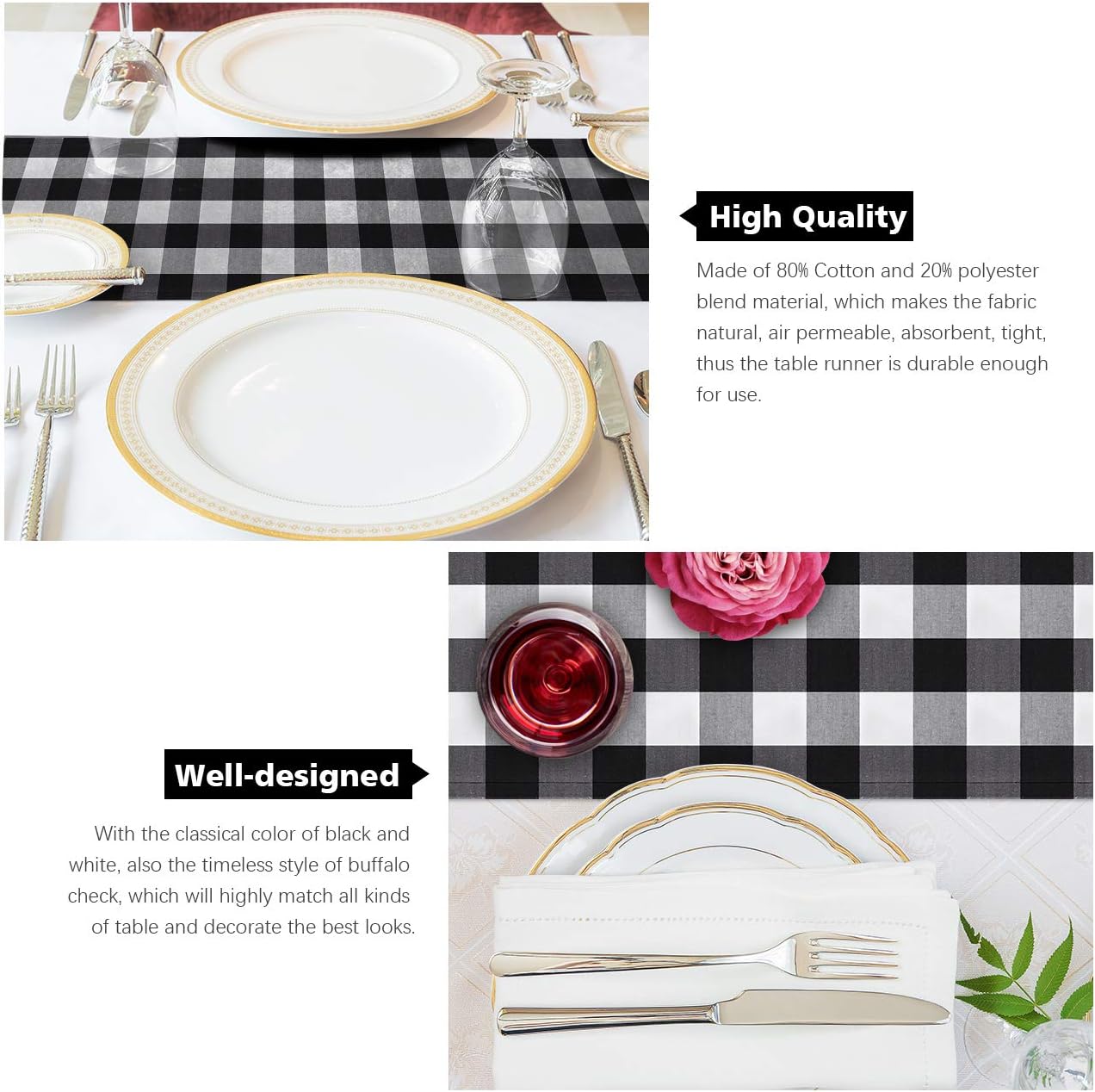 Syntus 14 x 108 inch Buffalo Check Table Runner Cotton-Polyester Blend Handmade Black and White Plaid for Family Dinner, Outdoor or Indoor Parties, Thanksgiving, Christmas & Gathering: Home & Kitchen
