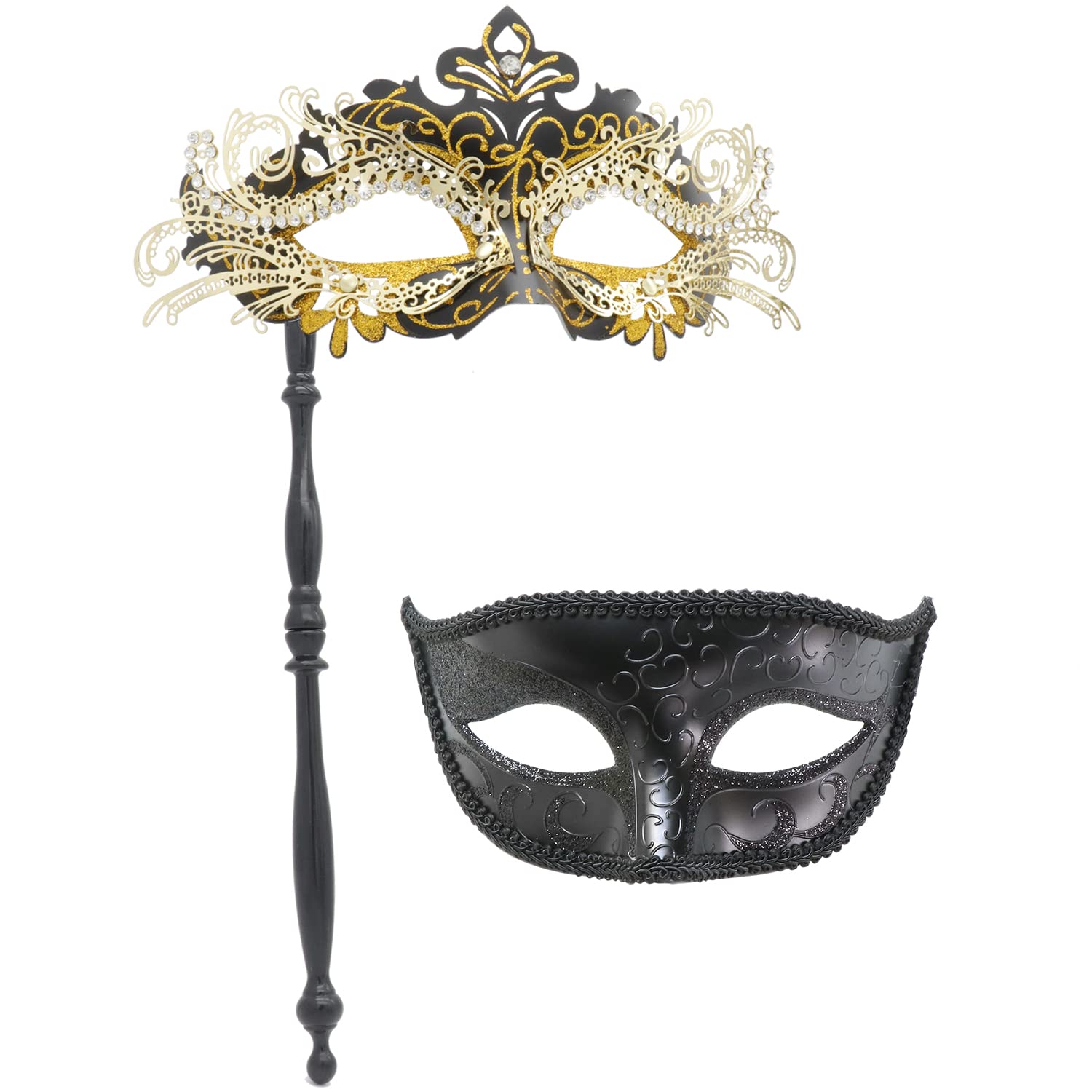 Coddsmz Couple Masquerade Mask with Holding Stick Venetian Halloween Costume Mask Mardi Gras Mask Cosplay Party Costume Mask