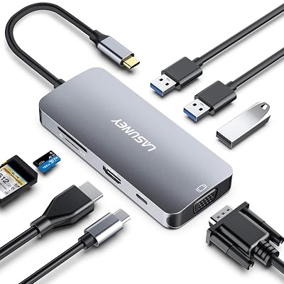 Lasuney USB C Hub Type C Adapter 8-in-1 Dongle with USB-C PD 3.0 4K HDMI & VGA 3 USB 3.0 SDTF Card Reader Compatible for MacBook Air Pro Chromebook and Other Type C Laptops