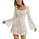 RIHOAS Womens Floral Mesh Mini Dress Long Sleeve Boat Neck Wedding Guest Dress Bodycon Party Cocktail Mini Dresses