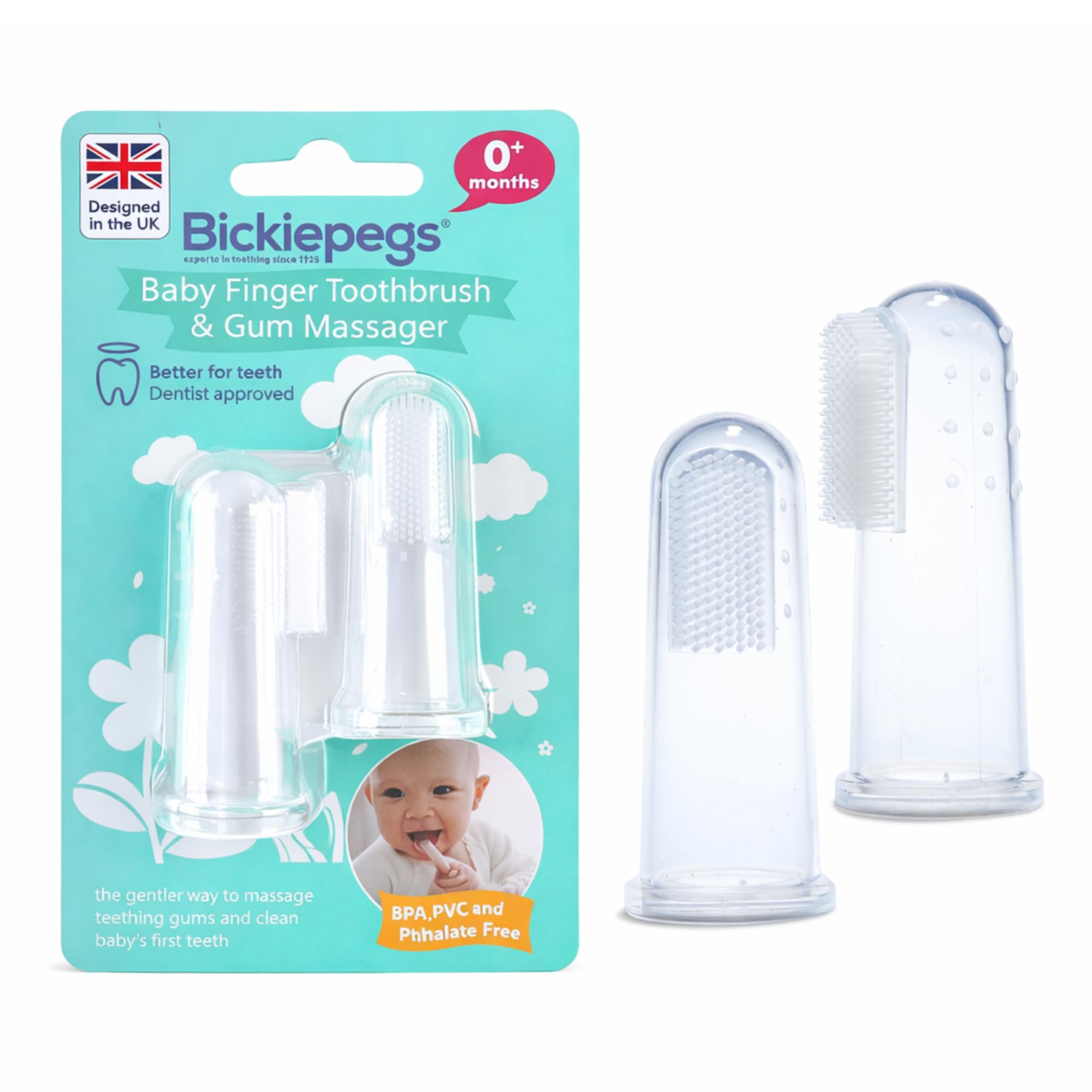 Bickiepegs Finger Toothbrush 0 Years, Baby Brush & Teething Gum Massager for Newborn, 2pcs (Pack of 1)